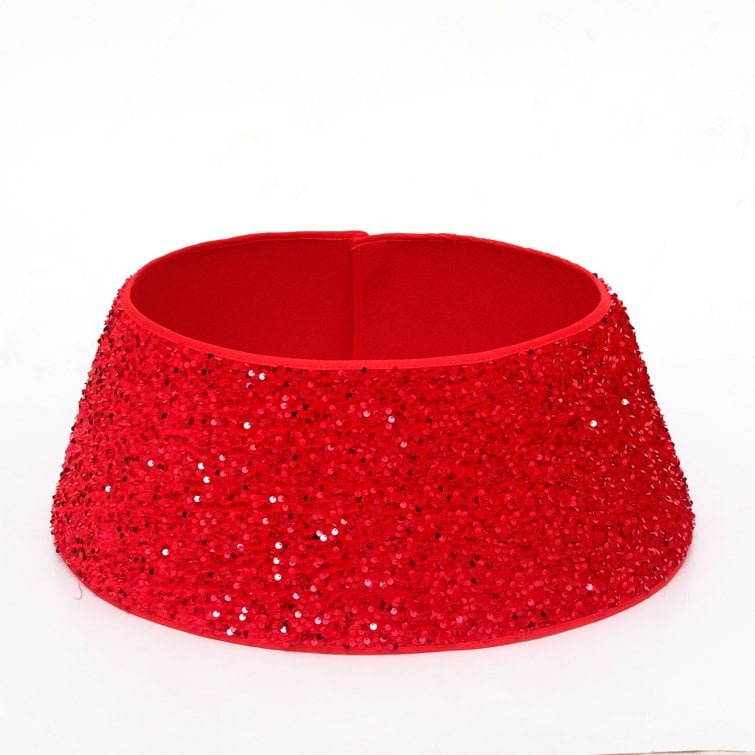 Red Sequin Fabric Christmas Tree Skirt – Sparkling Holiday Tree Base Cover - Detail View