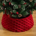 Red Faux Fur Christmas Tree Skirt with Textured Pattern – Luxury Plush Tree Base Cover - Main View