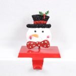 Snowman Christmas Mantel Hook – Glitter Iron Stocking Holder with Red Polka Dot Bow - Main View