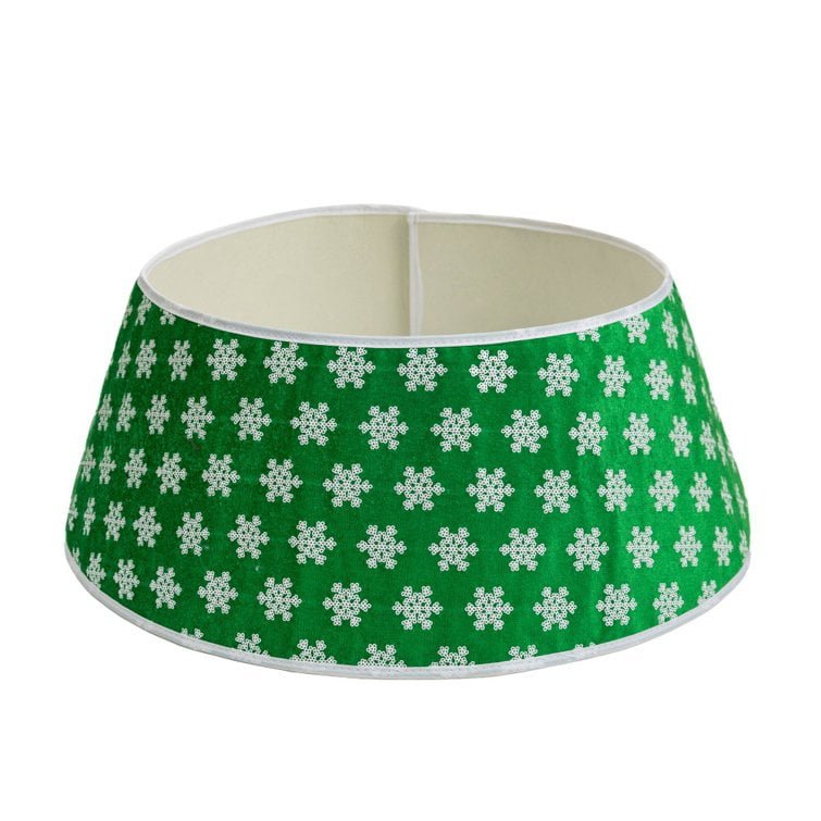 Green Sequin Snowflake Christmas Tree Skirt – Plush Fabric Tree Base Cover - Detail View