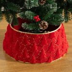 Red Plush Christmas Tree Skirt with Sequin Tree Pattern – Festive Tree Base Cover - Main View
