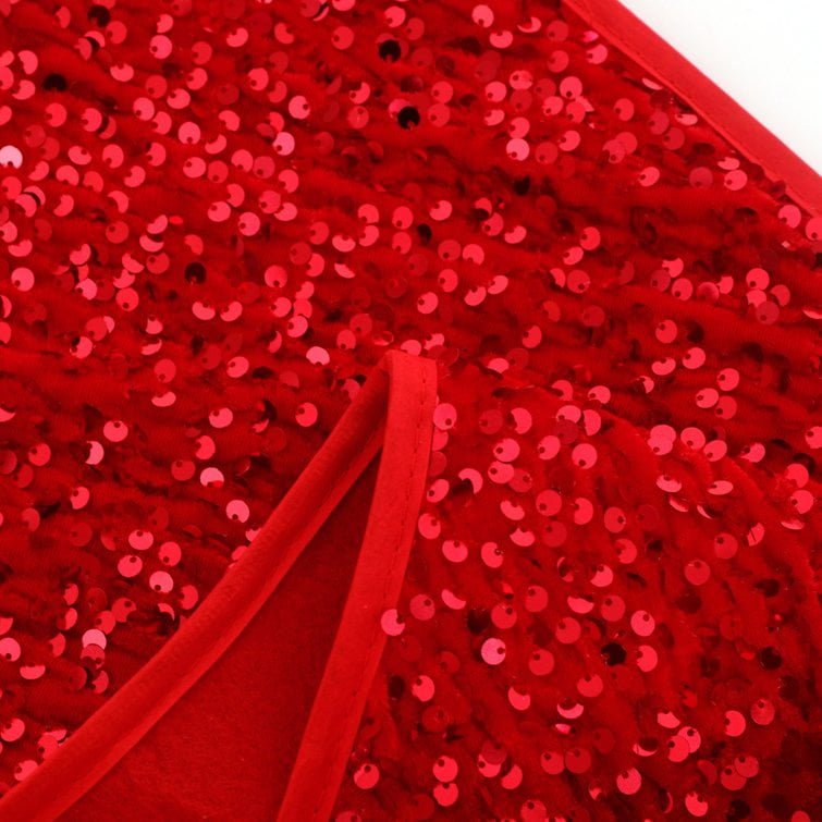 Red Sequin Fabric Christmas Tree Skirt – Sparkling Holiday Tree Base Cover - Detail View