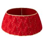 Red Plush Christmas Tree Skirt with Sequin Tree Pattern – Festive Tree Base Cover - Detail View