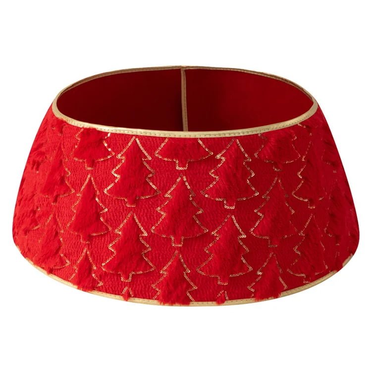 Red Plush Christmas Tree Skirt with Sequin Tree Pattern – Festive Tree Base Cover - Detail View