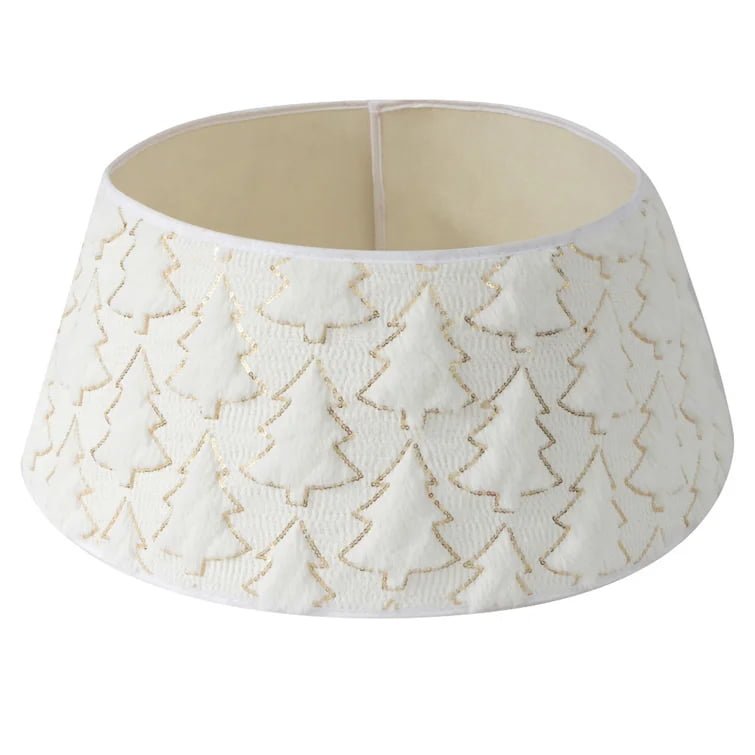 White Plush Christmas Tree Skirt with Sequin Tree Pattern – Festive Tree Base Cover - Detail View