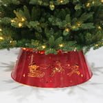Red Metal LED Christmas Tree Collar – Santa & Reindeer Cutout Design - Main View