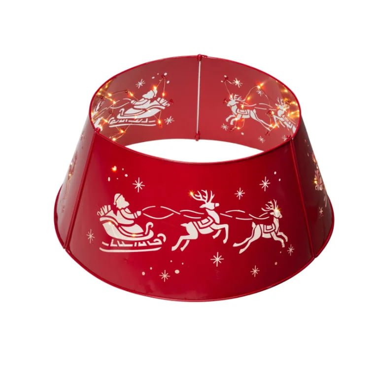 Red Metal LED Christmas Tree Collar – Santa & Reindeer Cutout Design - Detail View