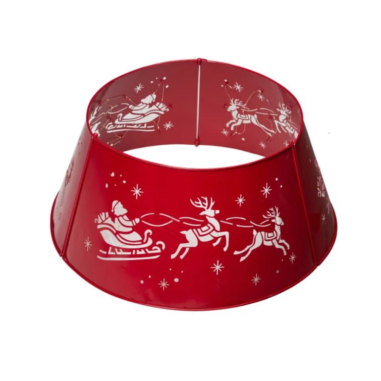 Red Metal LED Christmas Tree Collar – Santa & Reindeer Cutout Design - Detail View