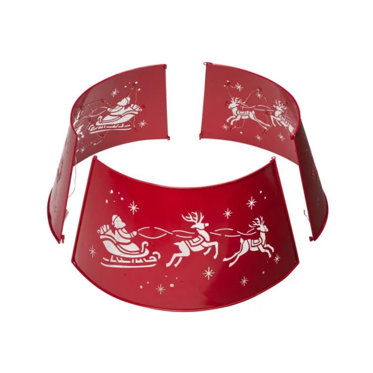 Red Metal LED Christmas Tree Collar – Santa & Reindeer Cutout Design - Detail View