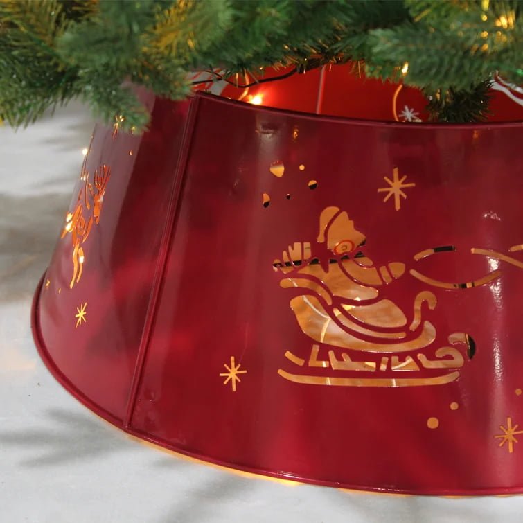 Red Metal LED Christmas Tree Collar – Santa & Reindeer Cutout Design - Detail View