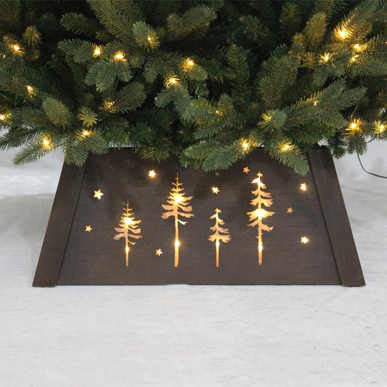 Brown LED Wooden Christmas Tree Collar – Star & Tree Cutout Design - Detail View