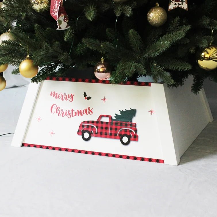 White Wooden Christmas Tree Collar – Merry Christmas Truck Design - Detail View