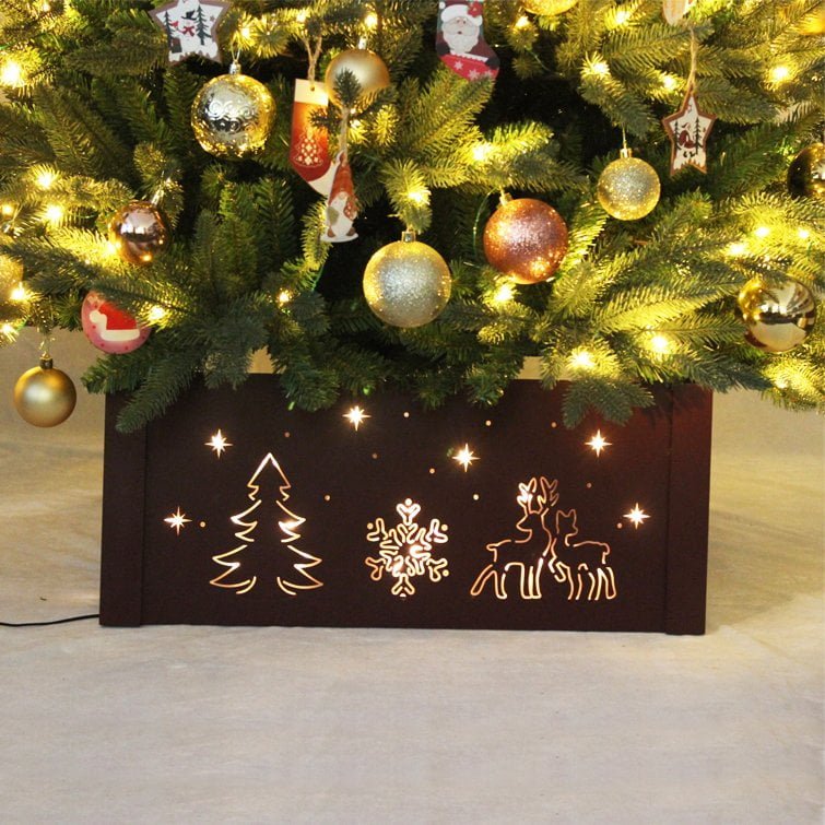 Red LED Wooden Christmas Tree Collar – Snowflake & Reindeer Design - Detail View