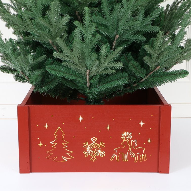 Red LED Wooden Christmas Tree Collar – Snowflake & Reindeer Design - Detail View