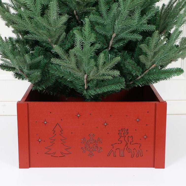 Red LED Wooden Christmas Tree Collar – Snowflake & Reindeer Design - Detail View