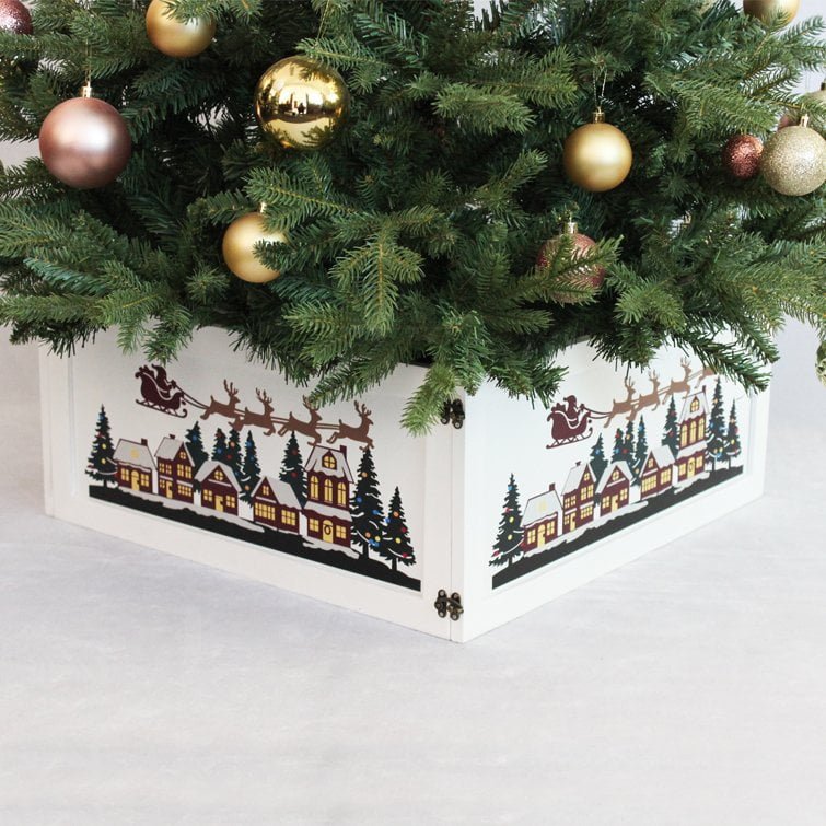 White Wooden Christmas Tree Collar – Santa & Village Design - Detail View