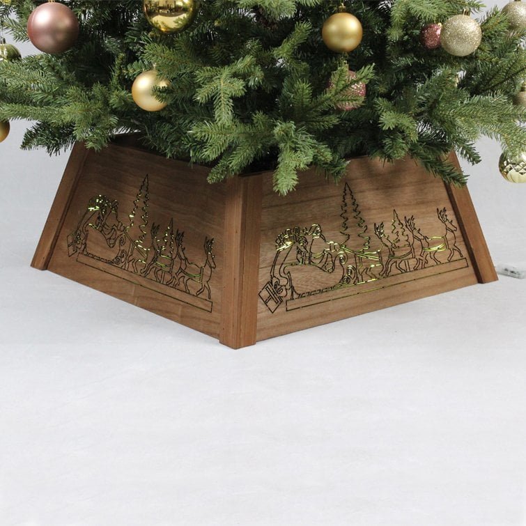 LED Wooden Christmas Tree Collar – Santa & Reindeer Design - Detail View