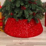 Red Sequin Fabric Christmas Tree Skirt – Sparkling Holiday Tree Base Cover - Main View