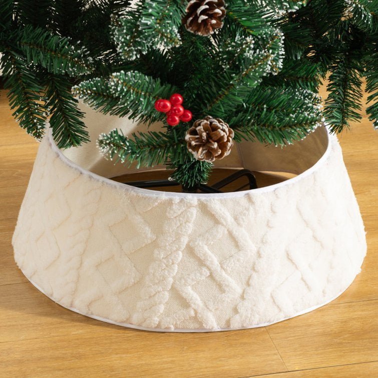 White Plush Fabric Christmas Tree Skirt with Embossed Pattern – Soft Faux Fur Tree Base Cover - Detail View