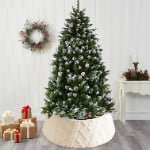 White Plush Fabric Christmas Tree Skirt with Embossed Pattern – Soft Faux Fur Tree Base Cover - Main View