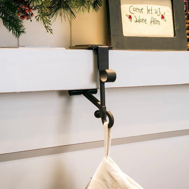 Adjustable Metal Mantel Hook – Black Iron Fireplace Stocking & Wreath Hanger - Detail View