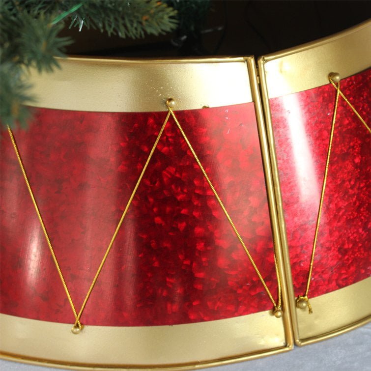 Red Metal Christmas Tree Collar with Gold Trim & Decorative Rope Design - Detail View