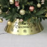 Gold Metal Christmas Tree Collar with “Merry Christmas” Cutout & Warm White LED Lights - Detail View