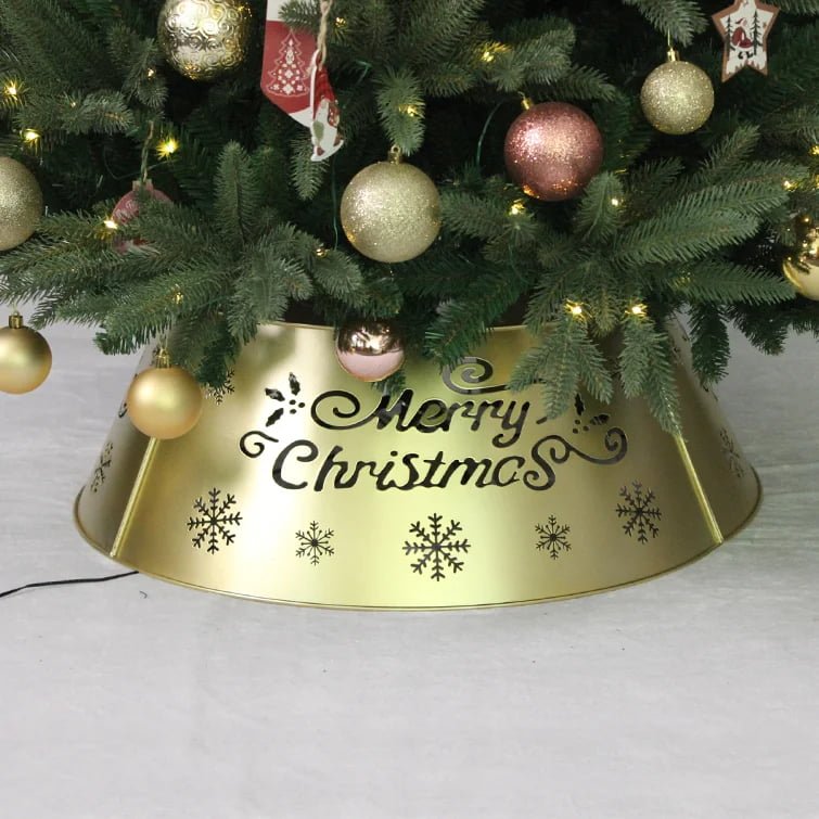 Gold Metal Christmas Tree Collar with “Merry Christmas” Cutout & Warm White LED Lights - Detail View