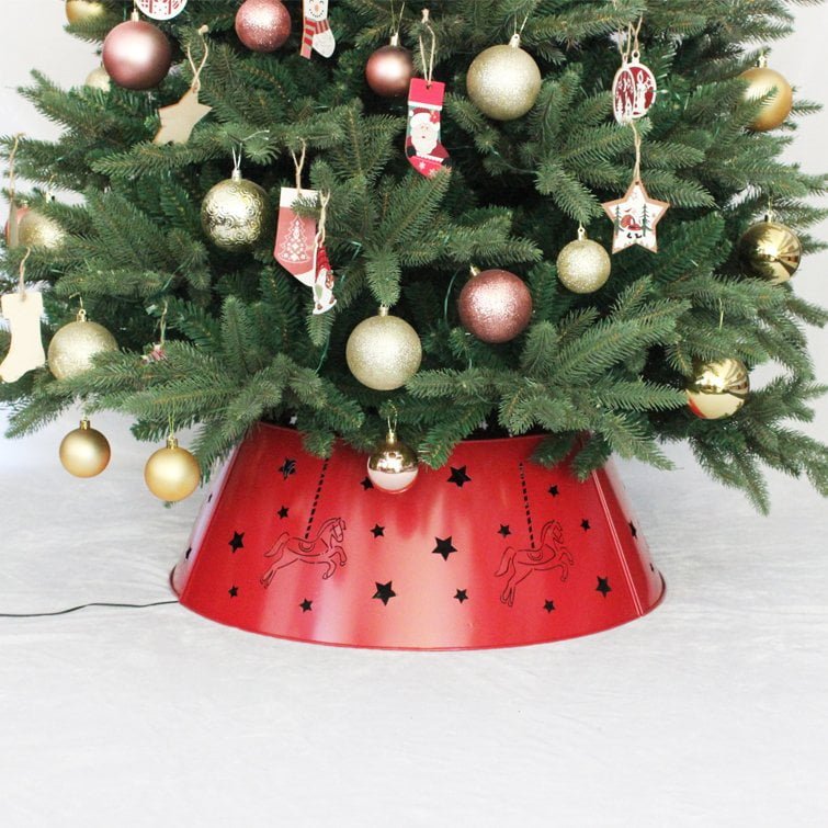 Red Metal Christmas Tree Collar with Carousel & Star Cutout and Warm White LED Lights - Detail View