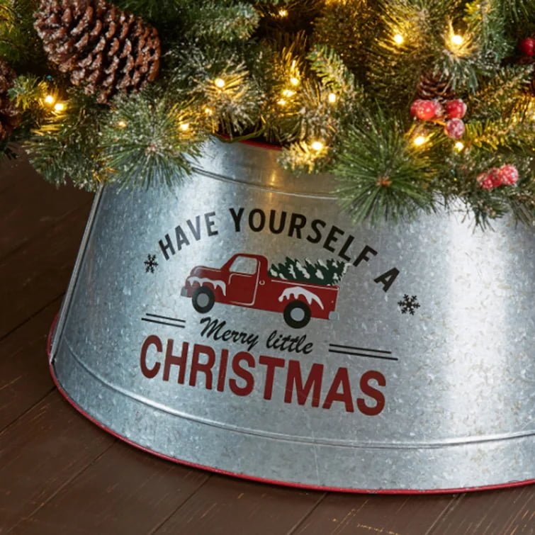 Galvanized Metal Christmas Tree Collar with Red Truck & “Christmas” Print - Detail View