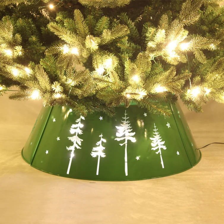 Green Metal Christmas Tree Collar with Christmas Tree Cutout & Warm White LED Lights - Detail View