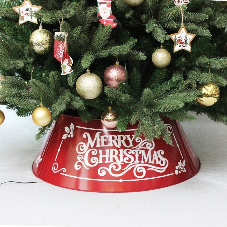 Red Metal Christmas Tree Collar with Printed “Merry Christmas” Design - Detail View