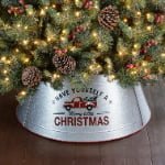 Galvanized Metal Christmas Tree Collar with Red Truck & “Christmas” Print - Main View