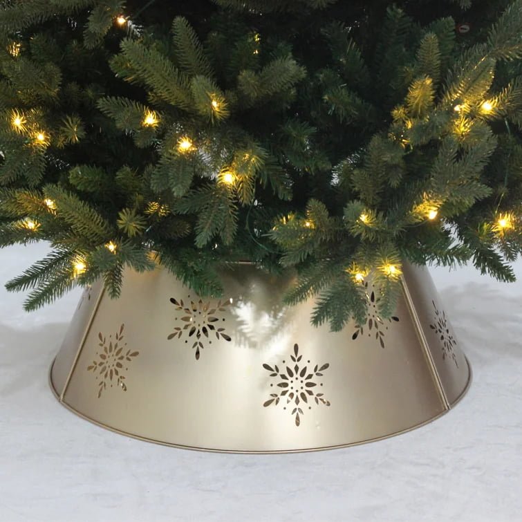 Champagne Gold Metal Christmas Tree Collar with Snowflake Cutout & LED Lights - Detail View