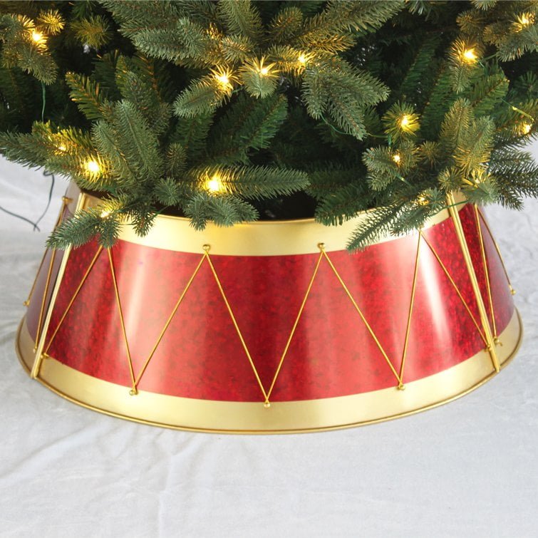 Red Metal Christmas Tree Collar with Gold Trim & Decorative Rope Design - Detail View