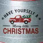 Galvanized Metal Christmas Tree Collar with Red Truck & “Christmas” Print - Detail View