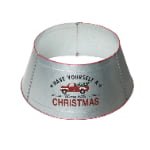 Galvanized Metal Christmas Tree Collar with Red Truck & “Christmas” Print - Detail View