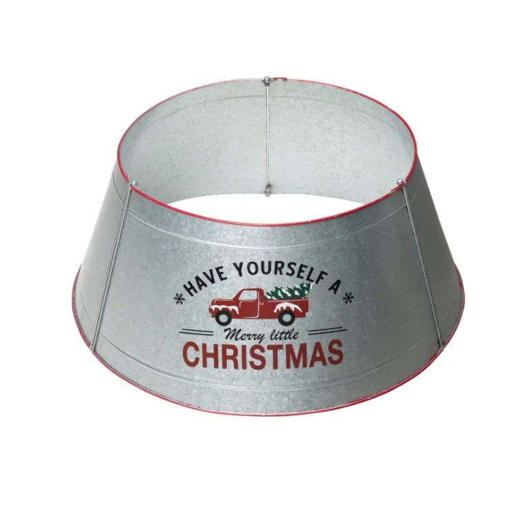 Galvanized Metal Christmas Tree Collar with Red Truck & “Christmas” Print - Detail View